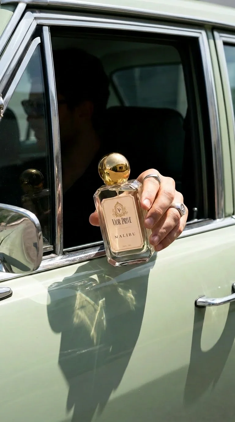 Malibu-Flakon aus einem Oldtimer-Fenster gehalten