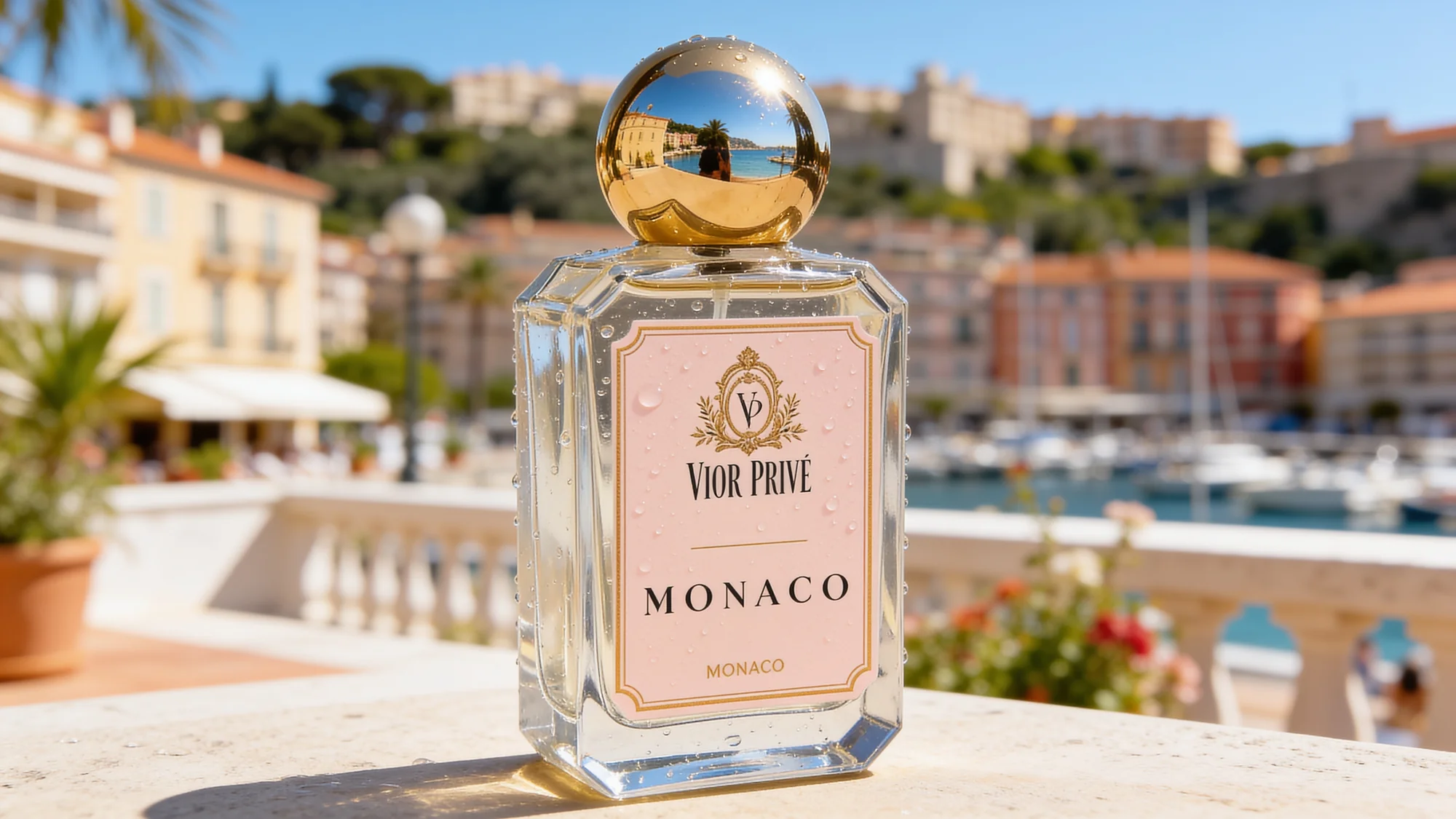 Vior Privé Monaco-Flakon vor Hafenpanorama