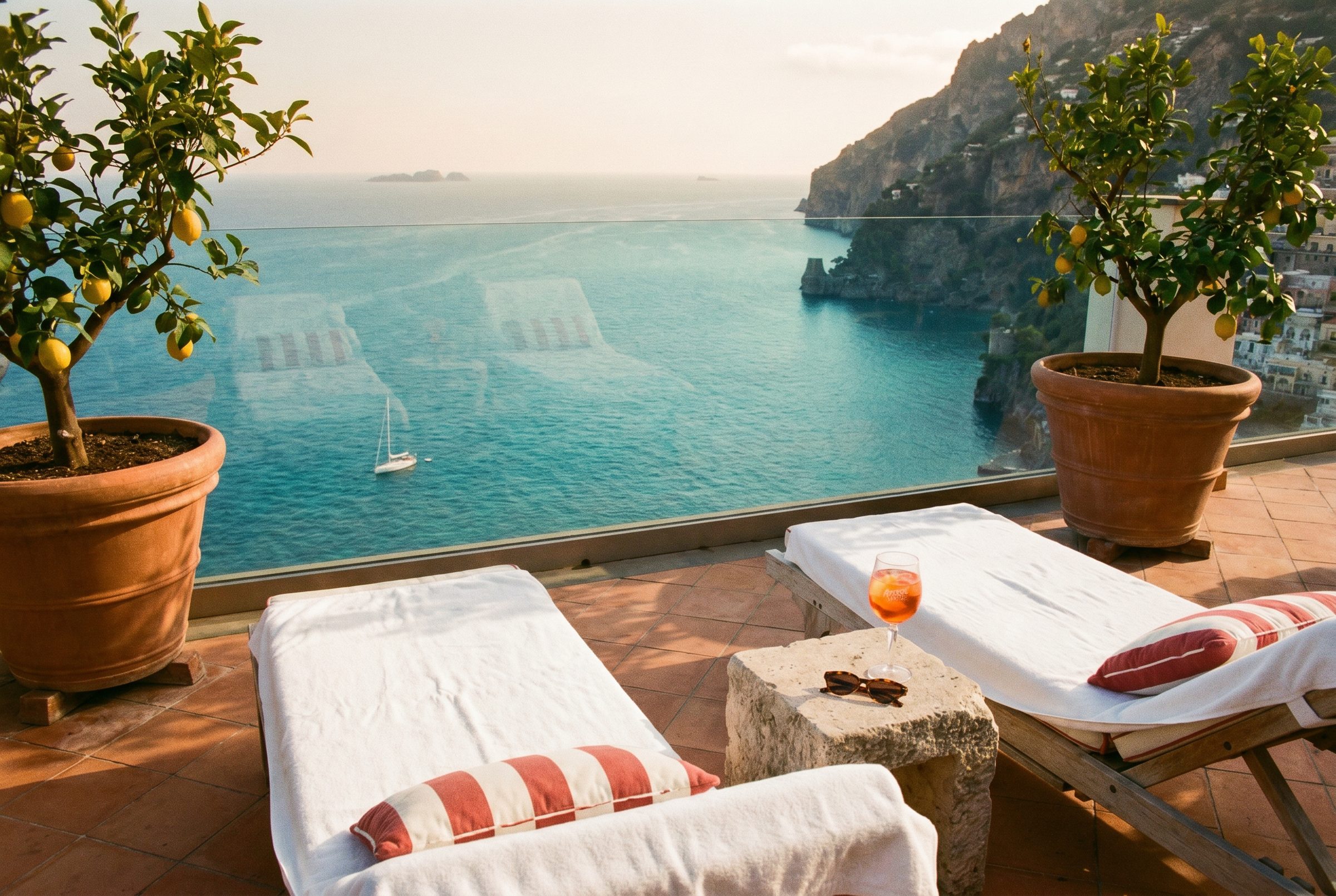 Sonnige Terrasse mit Blick auf die Amalfi-Küste